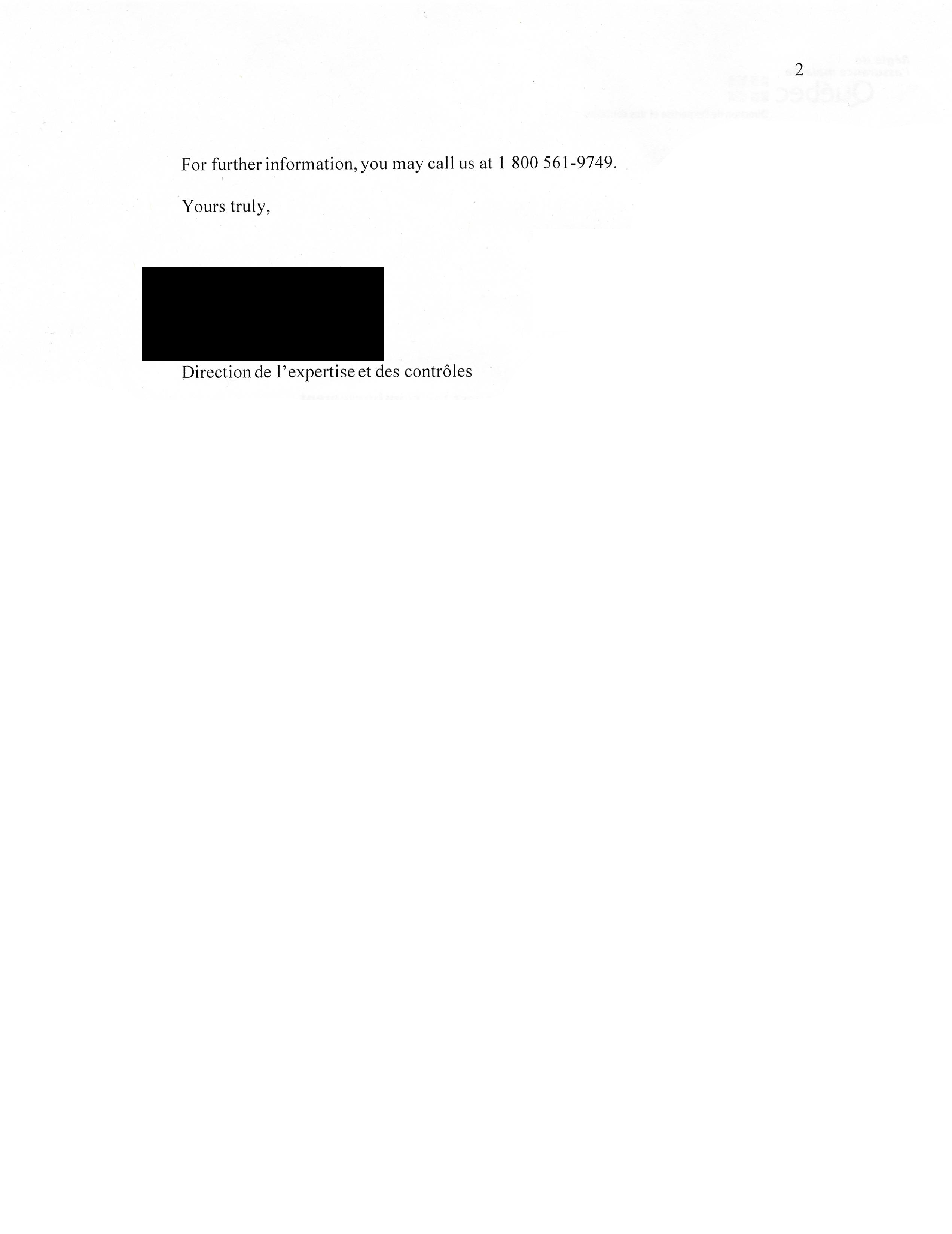Page 2 of the letter from the RAMQ Direction de l'expertise et des contrôles dated June 22, 2023. The message continues: "For further information, you may call us at 1 800 561-9749. Yours truly, [NAME REDACTED], Direction de l'expertise et des contrôles".